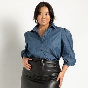 Eloquii Chambray Puff Sleeve Button Down Shirt